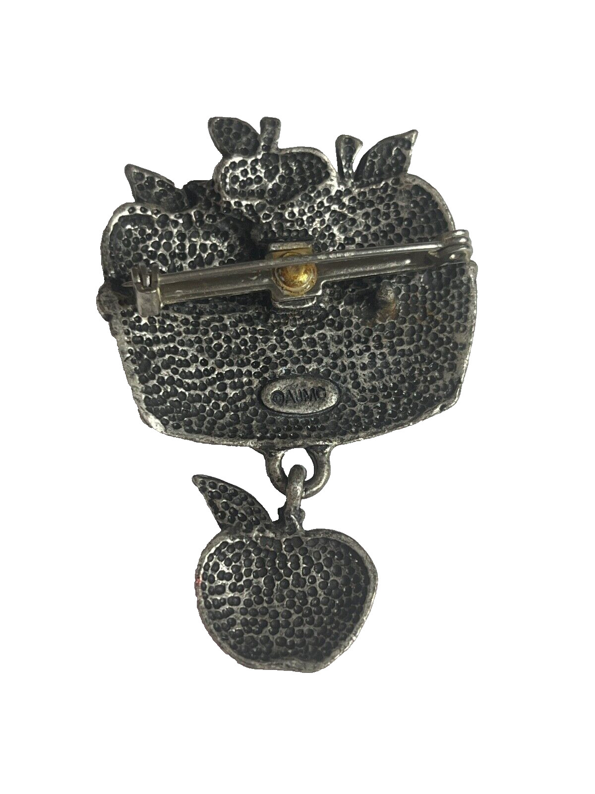 AJMC Vintage Pewter Brooch Pin Enamel Red Green Apple Basket Teacher Charm