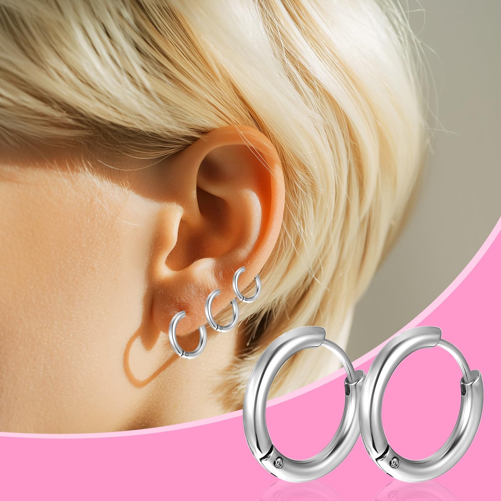 5 Pairs Solid Titanium Hoop Earrings 8mm, 10mm, 12mm, 14mm, 16mm, silver