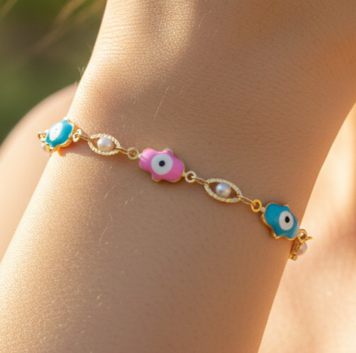 Colorful Evil Eye Charm Bracelet Gold-Plated Brass Boho Bracelet For Women