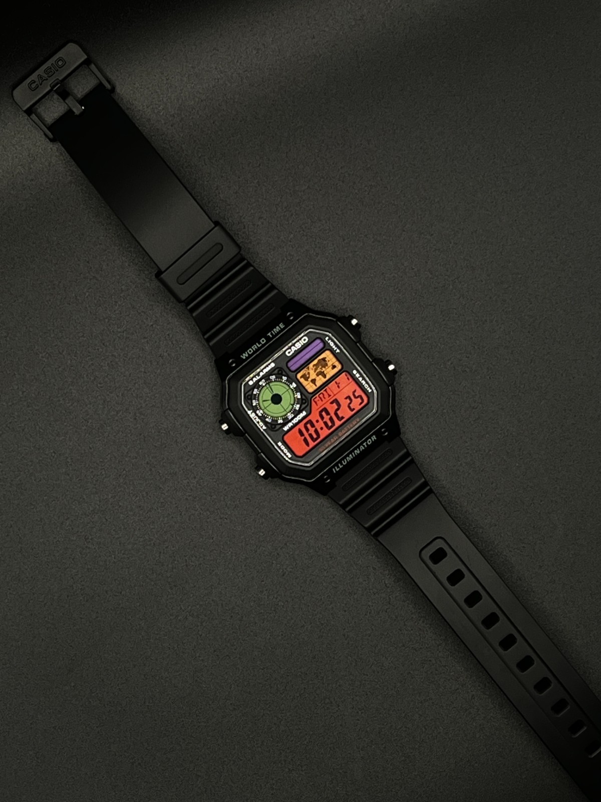 “Cyberpunk” | Custom 🔴🟢🟠🟣 Casio World Time Illuminator | Royale | AE-1200WH