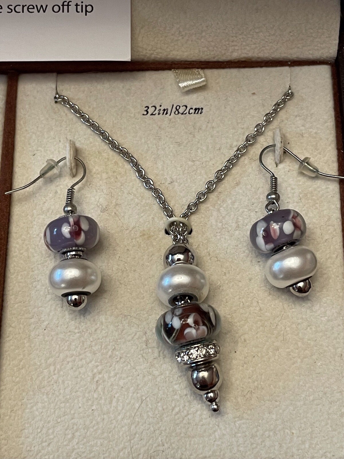 Bella Perlina SET Bracelet Necklace Earrings Slide Charm Purple White Beads NIB