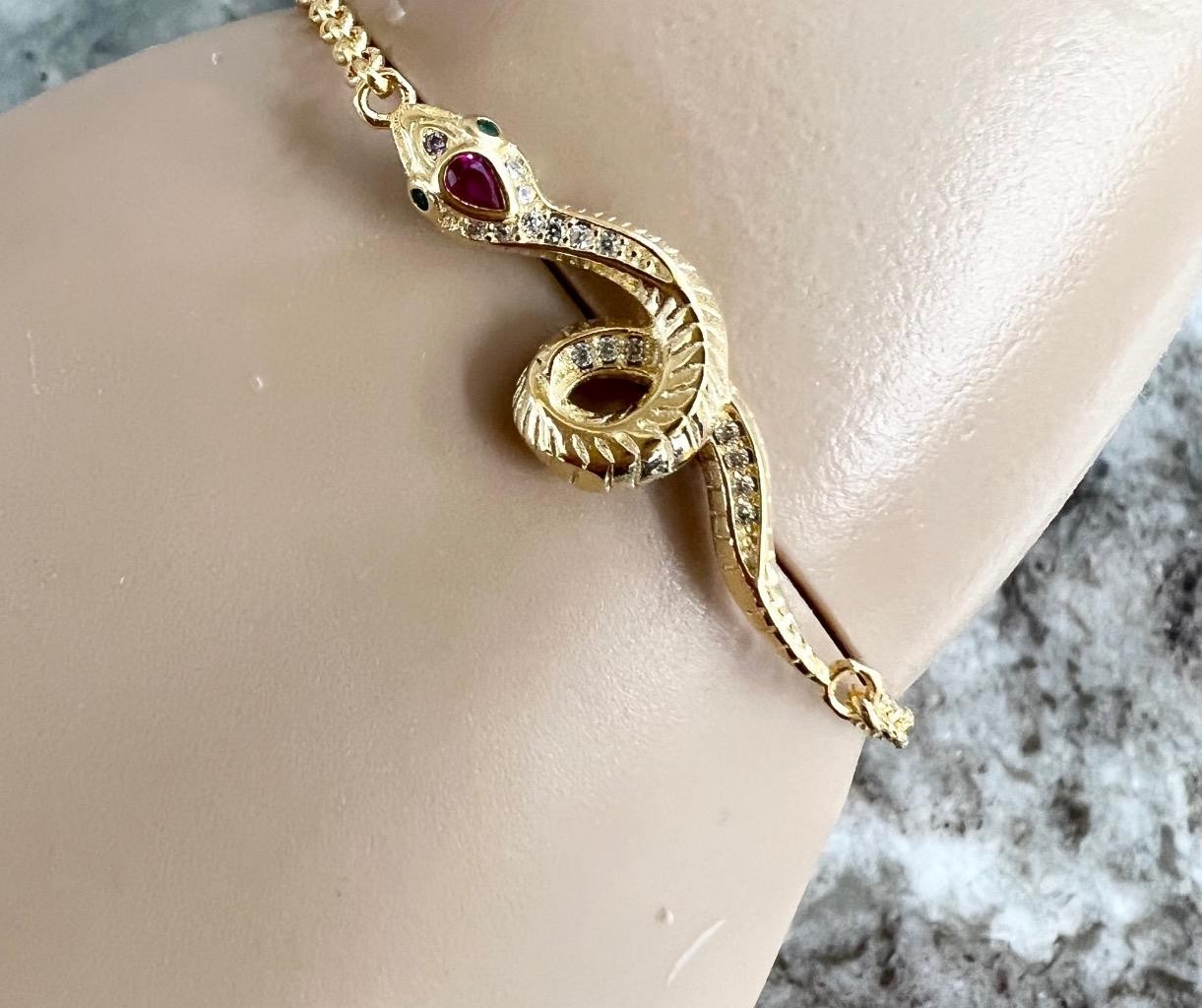REAL 14K Y Gold on Solid 925 ruby diamond Snake Bracelet Victorian Egyptian Rev.