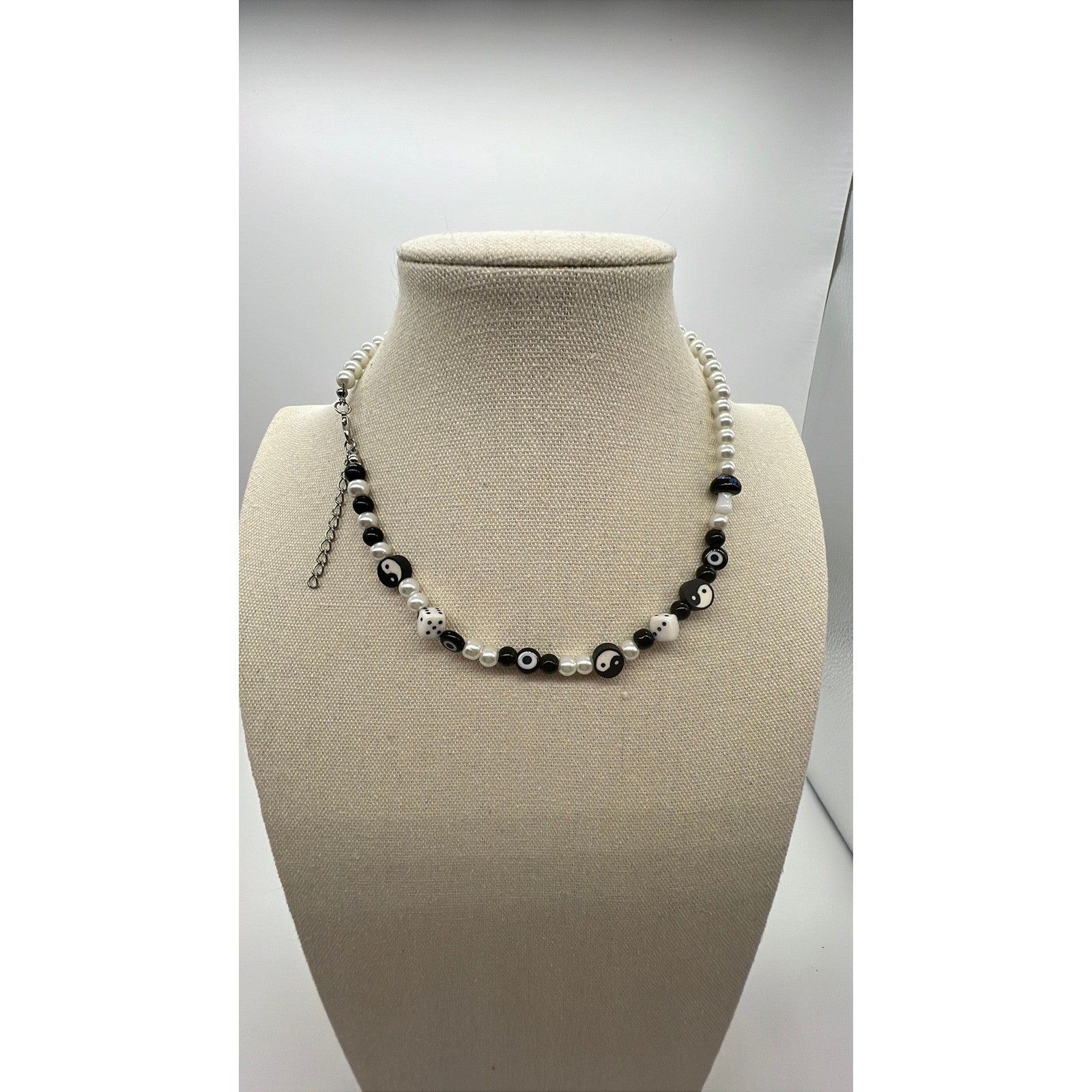 Yin Yang Beaded Necklace Y2K Indie Alt Black White Faux Pearl 17-18.5in