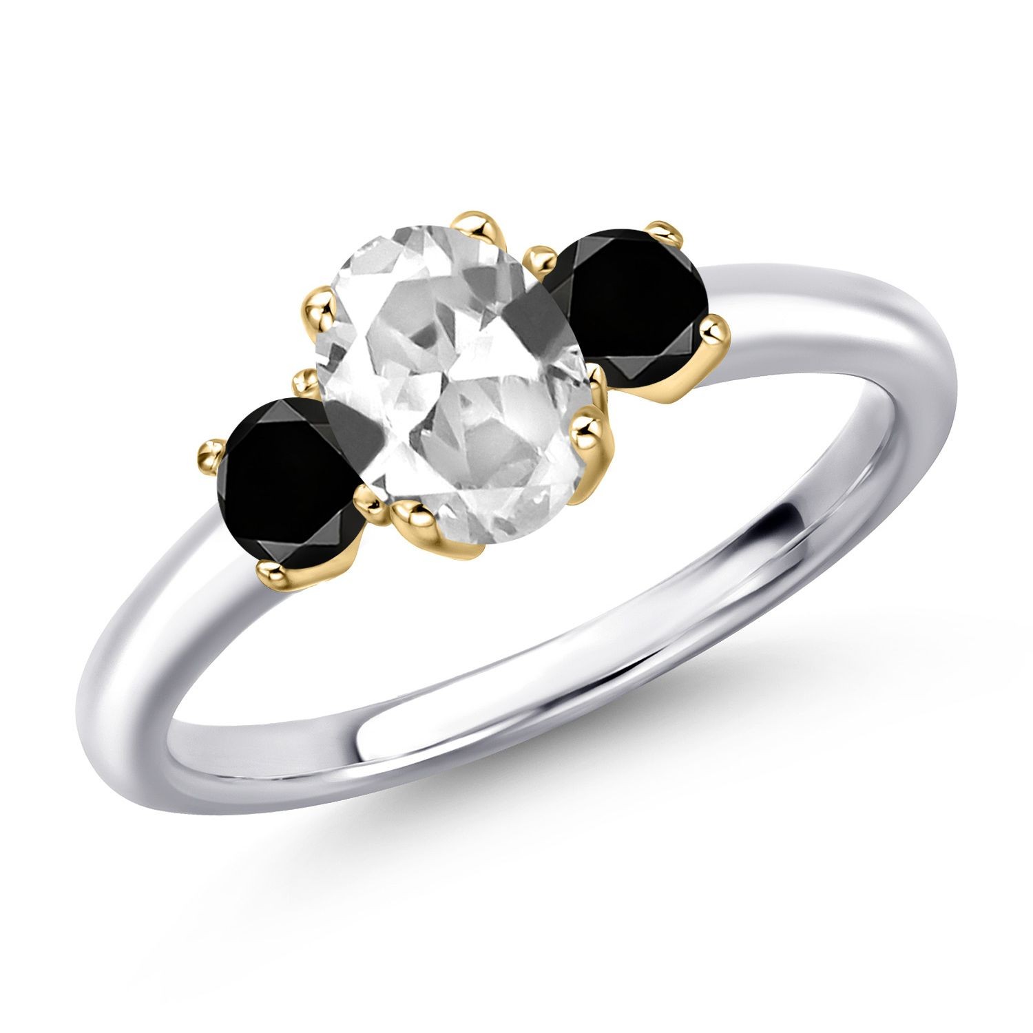 925 Silver and 10K Yellow Gold White Created Sapphire and Black Diamond