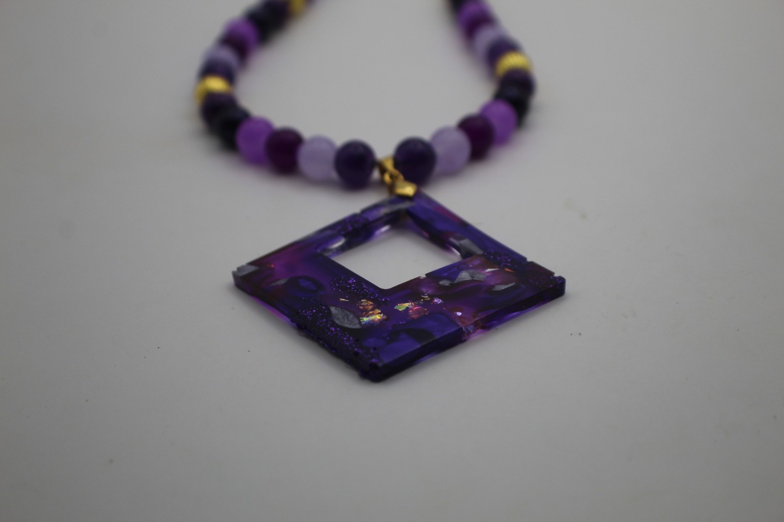 50 Shades Of Purple Resin Pendant On A Matching Beaded Chain