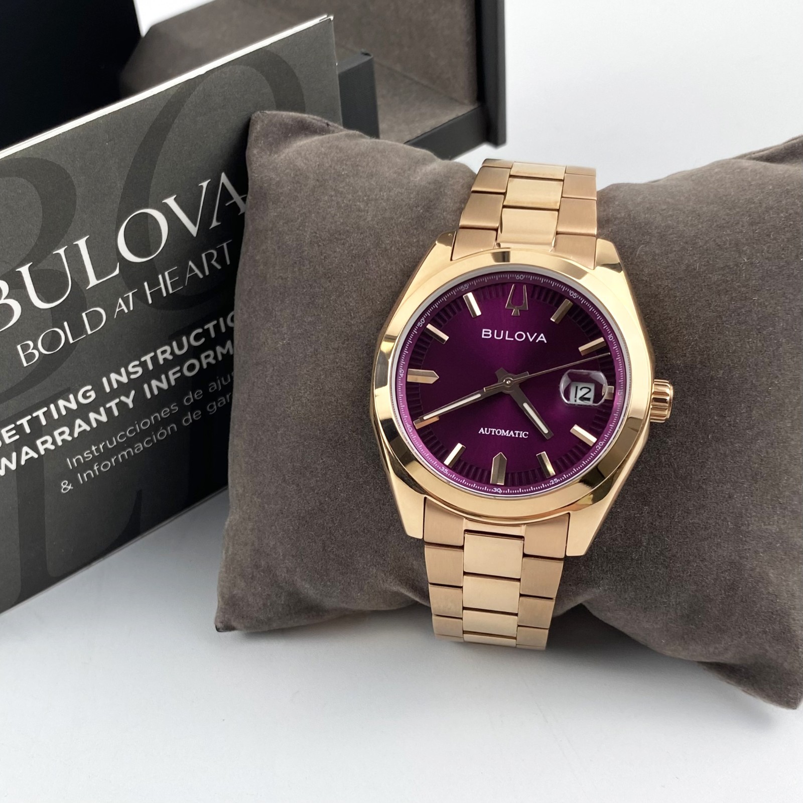 Bulova Surveyor Men’s 97B234 Automatic Watch Purple Dial Rose Gold Tone 39mm