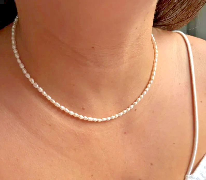 AAA Real Freshwater Pearl Choker 2.5mm Tiny White Pearl Beaded Necklace Gifts