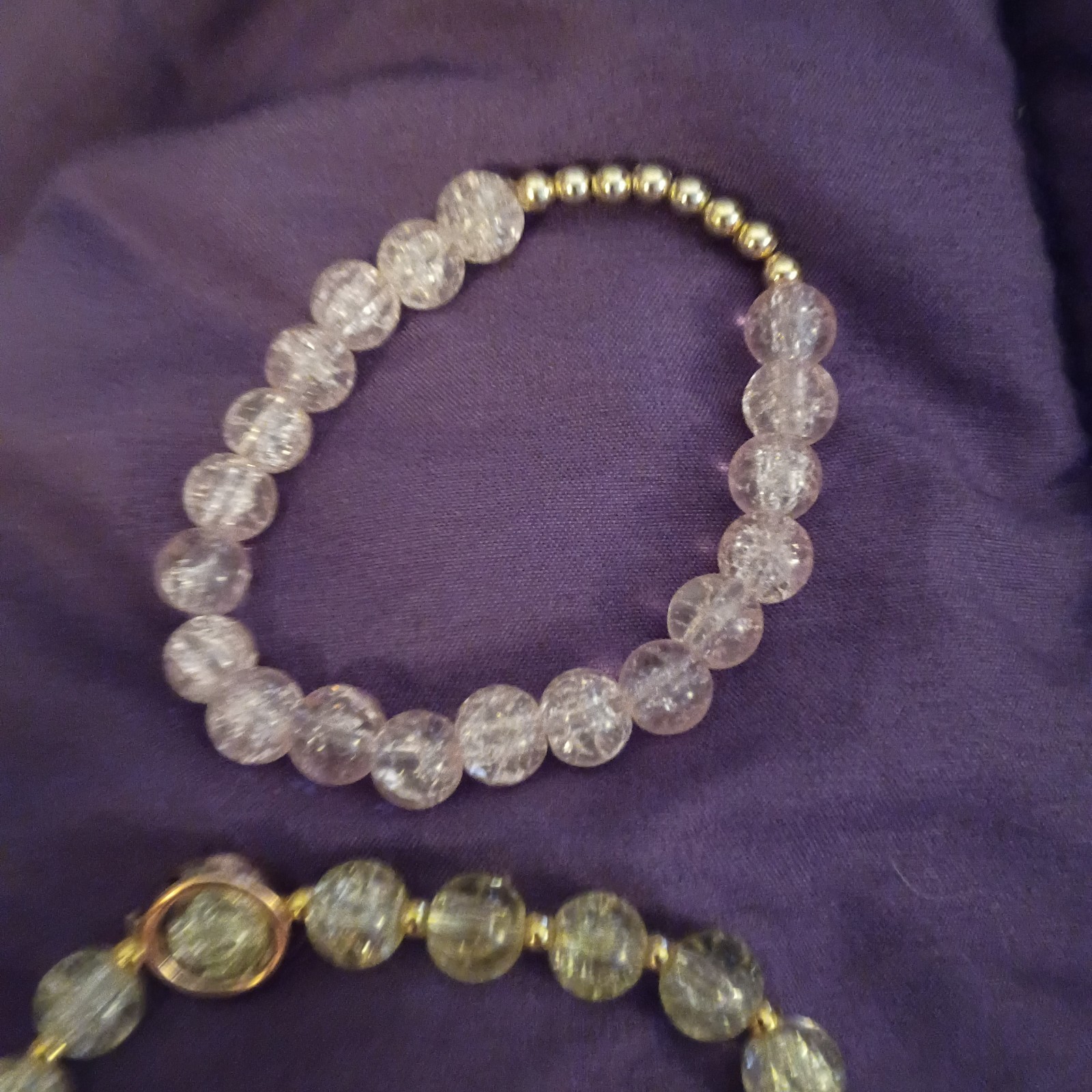 Lot of 2 Clear Round Crystal Glass Beaded Stretch Bracelets, Dangle Charm