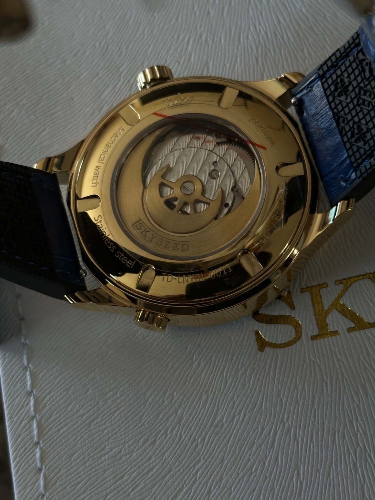SKYSEED Celestial Blue Leather Band Men’s Analog Wristwatch Gold Accents Box