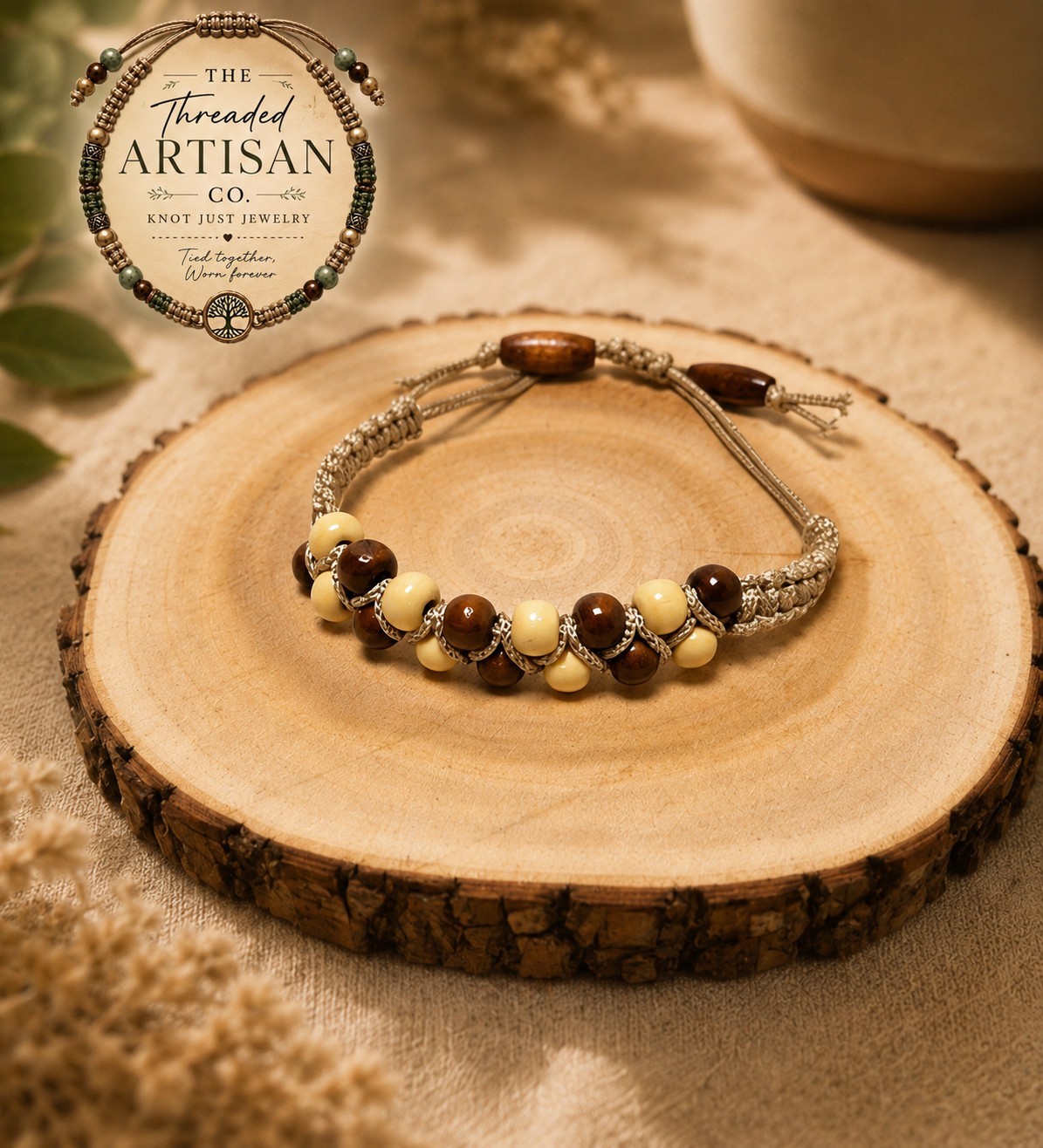 Handmade Boho Macrame Bracelet anklet Adjustable Natural Wood Beaded Unisex 🇨🇦
