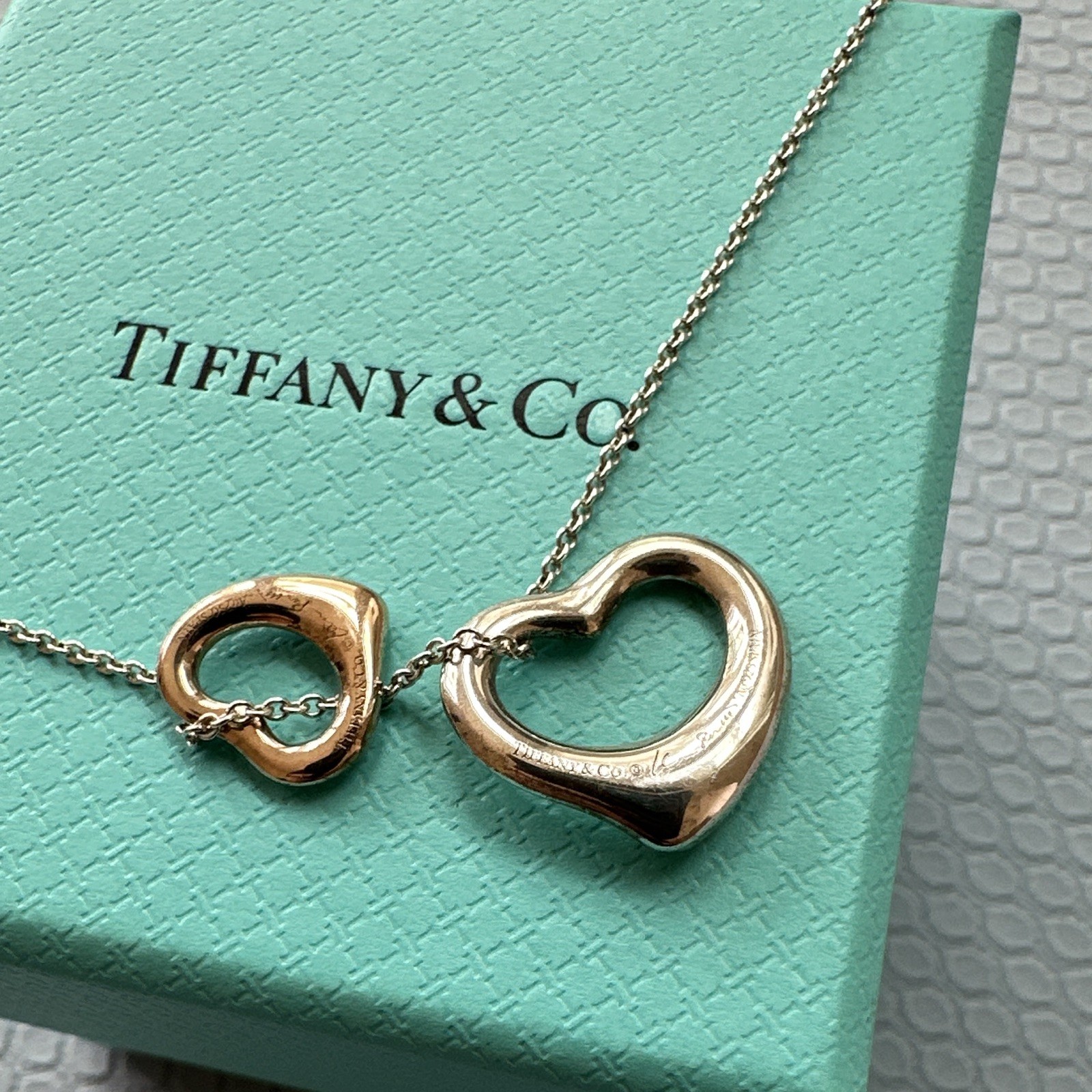 Tiffany & Co. Elsa Peretti Open Double Heart Gold Silver Pendant Necklace $1400