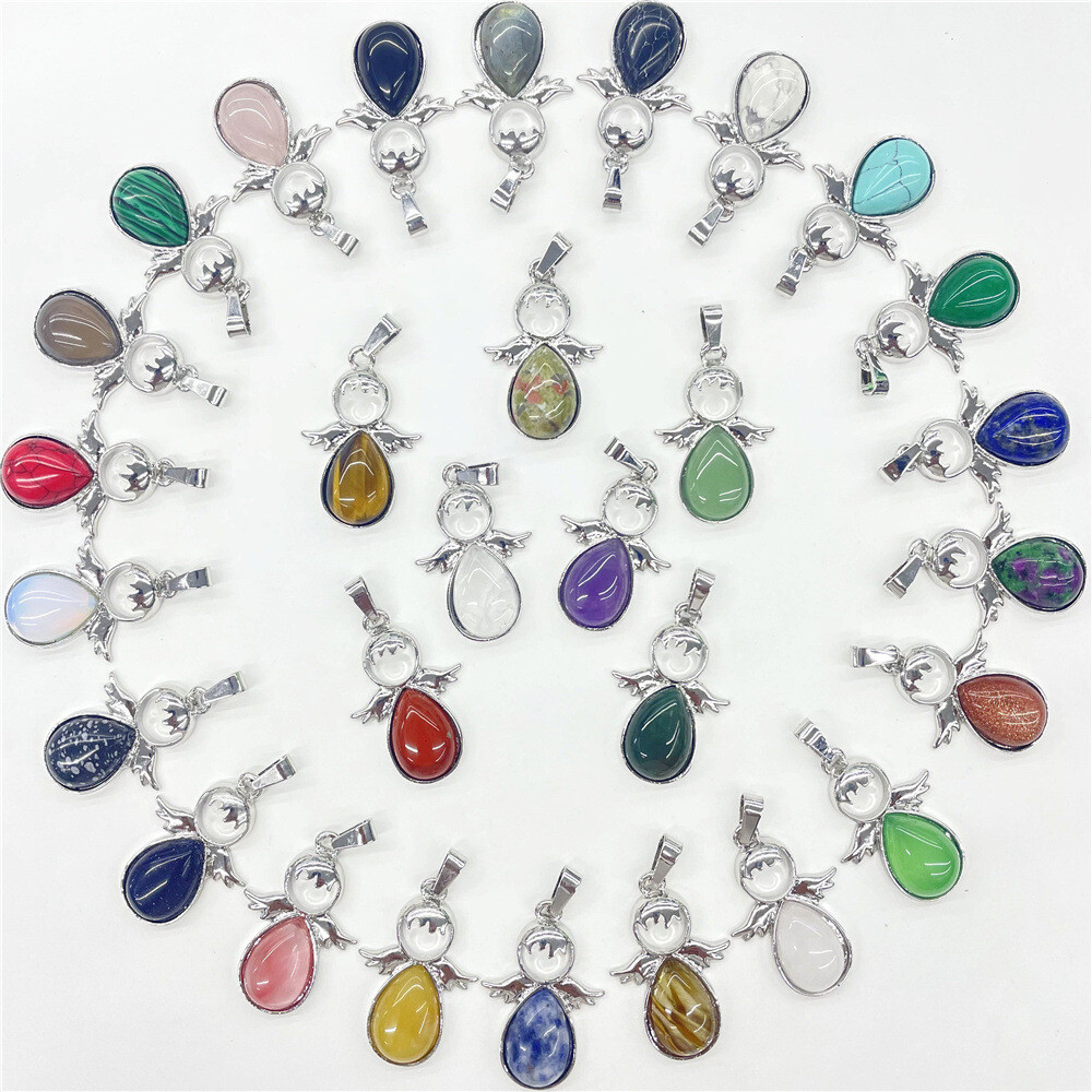 12pcs Mixed Natrual Stone Angel Pendant Chakra Reiki Healing Amulet Wholesale