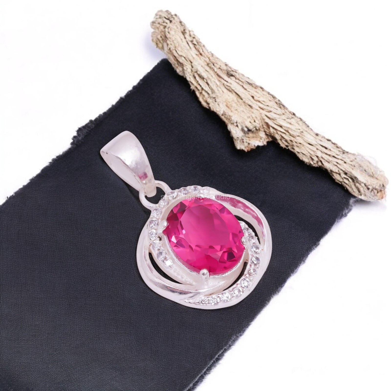 Natural Pink Tourmaline Gemstone Zircone Pendant 925 Sterling Silver Jewelry