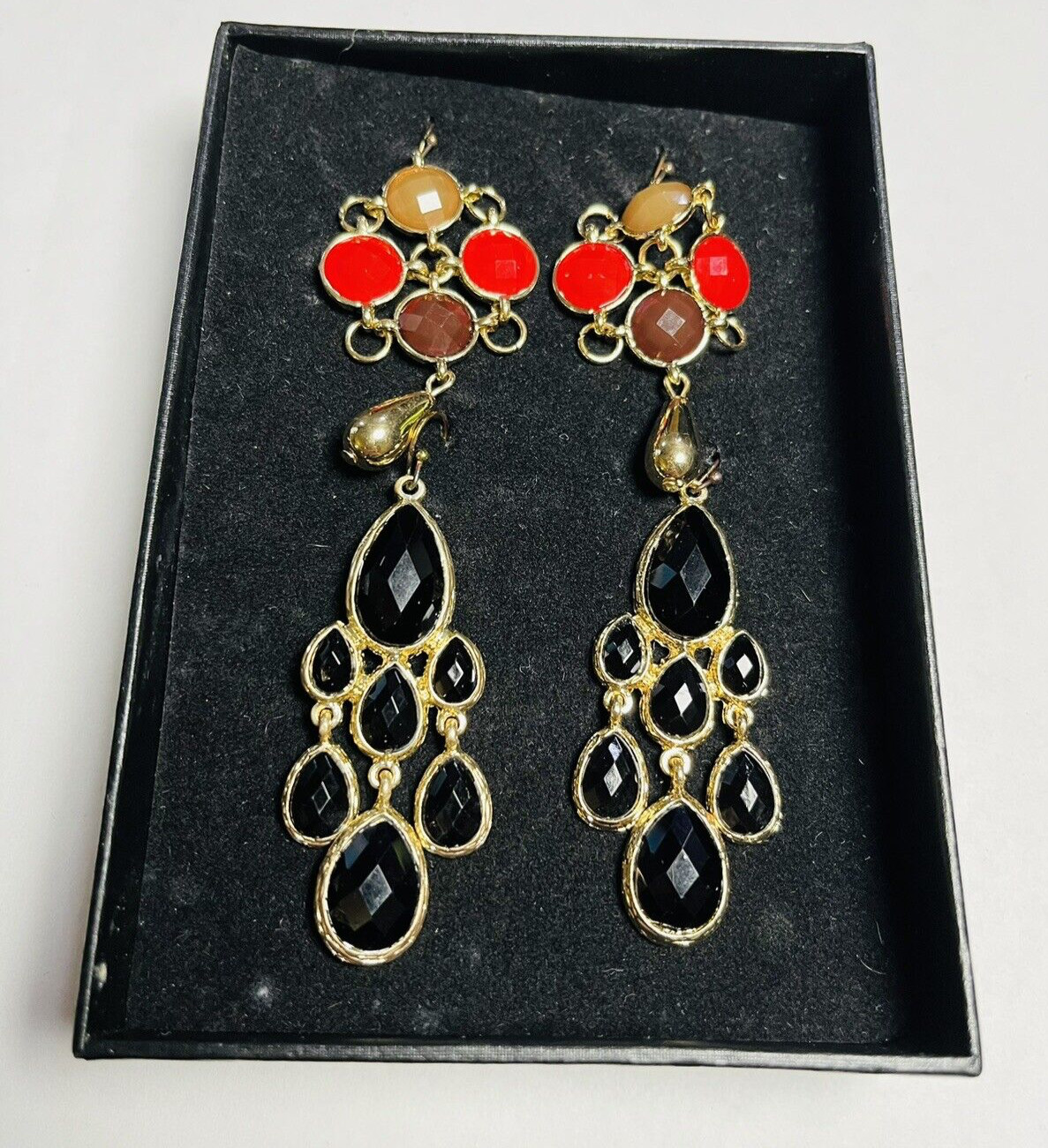 Modern Southwestern Hook Earring Set of 2 Red Black Gold Tone Chandelier 2-2.25″