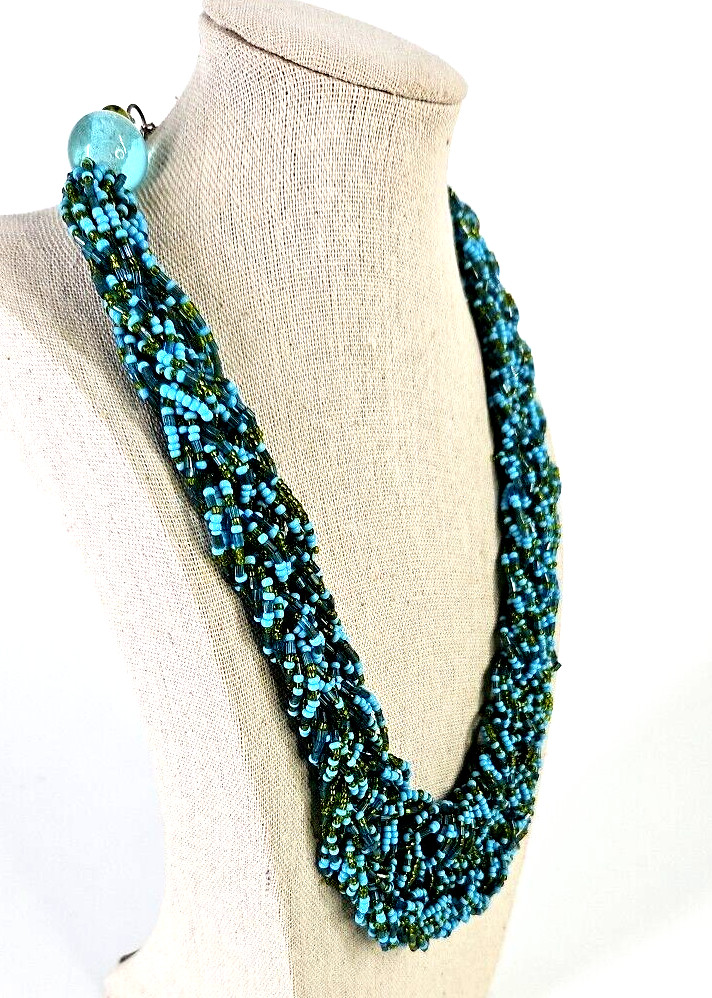 Vintage Woven Sparkly Blue Green Gold Seed Beaded Fashion Necklace 18 inch