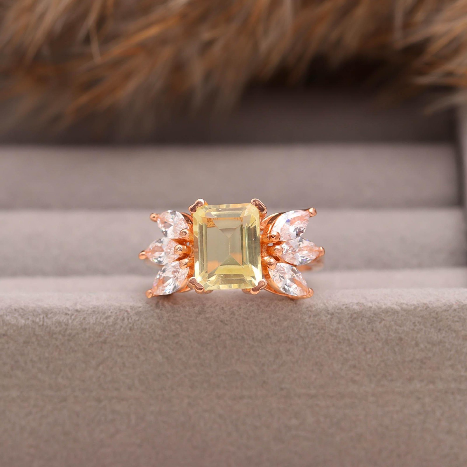 Natural Lemon Quartz Octagon Ring Rose Gold Fill Solid Silver Meditation Jewelry