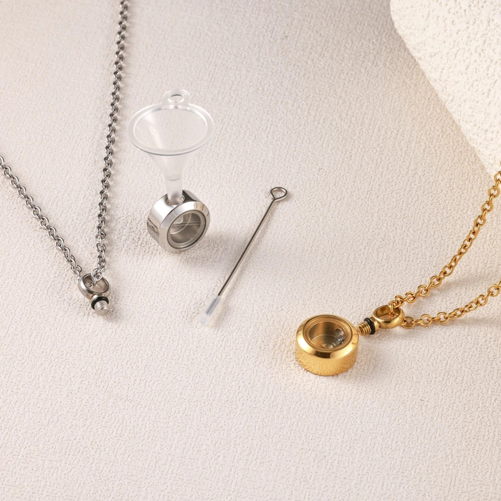 Round Stainless Steel Cremation Pendant Memorial Urn Necklace Jewelry