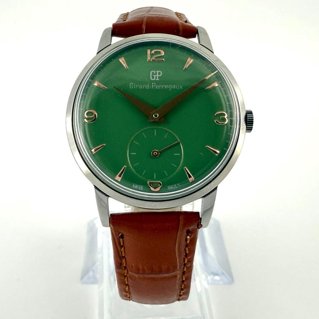 LARGE VINTAGE GIRARD PERREGAUX MANUAL WIND STEEL GENTS WATCH NICE GREEN DIAL