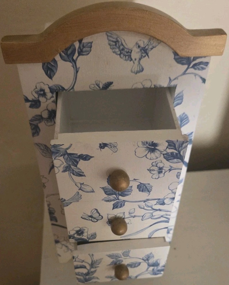 Table Top Mini Dresser Jewelry/ Trinket Box Storage Blue White Floral Pattern