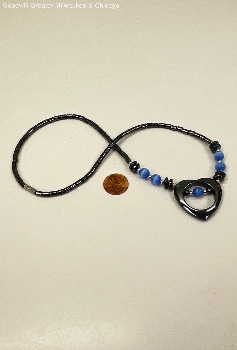 Artisan Blue Cat’s Eye & Hematite Open Heart Pendant Necklace 36.3g