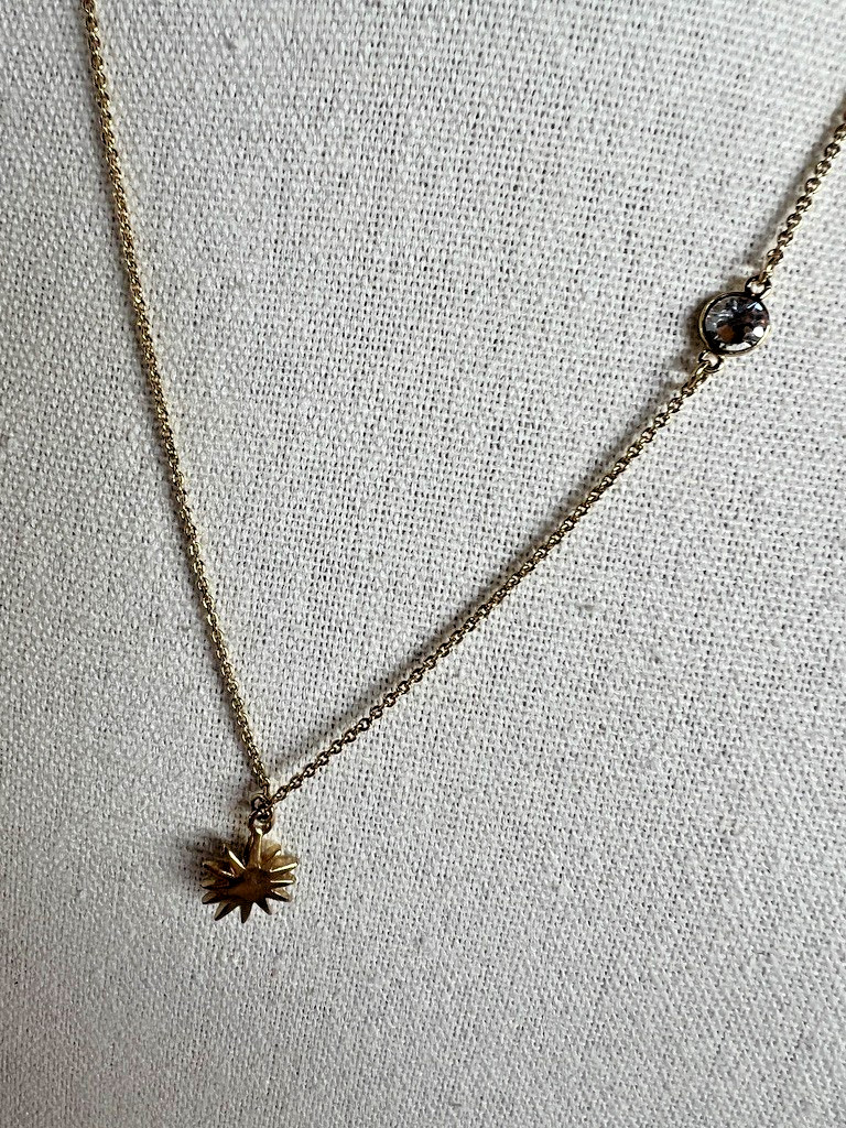 Alexa’s Angels Gold Tone Necklace Sunburst Charm Crystal Dainty Minimalist 17″