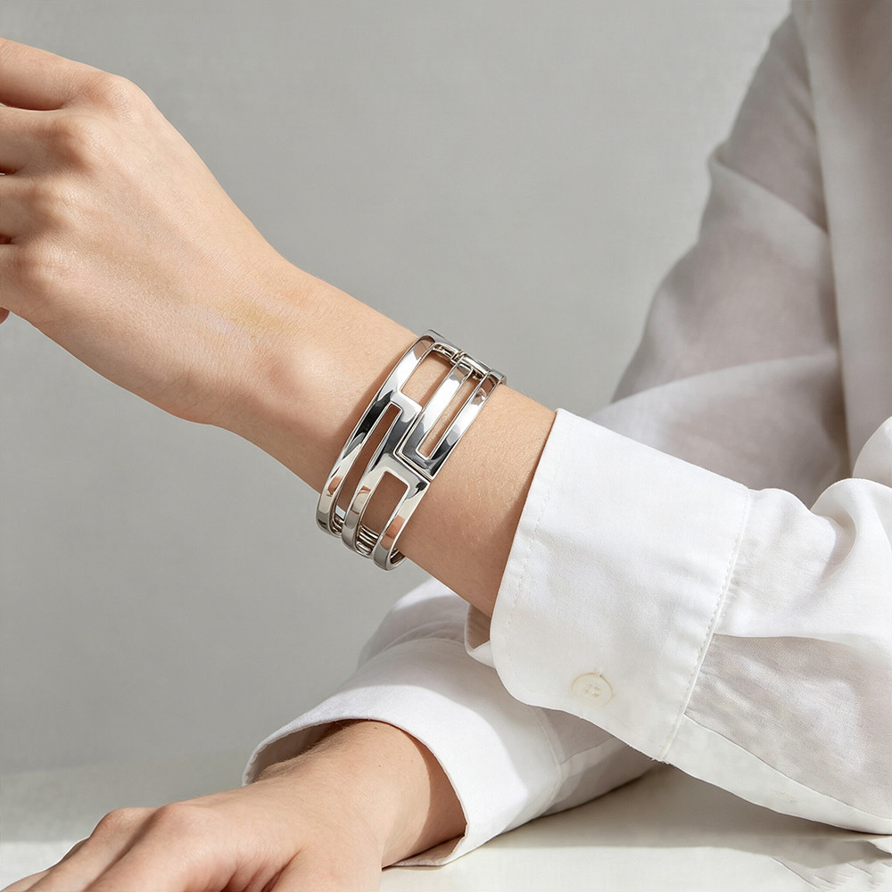 Silver Plated Alloy Geometric Hollow Cuff Bracelet Minimalist Bangle For Women