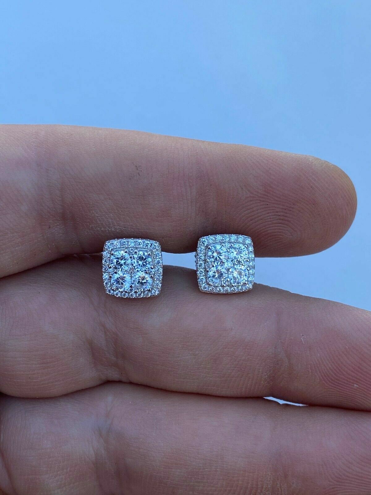 Real Solid 925 Sterling Silver Iced CZ Hip Hop Earrings Studs Square ICY Mens