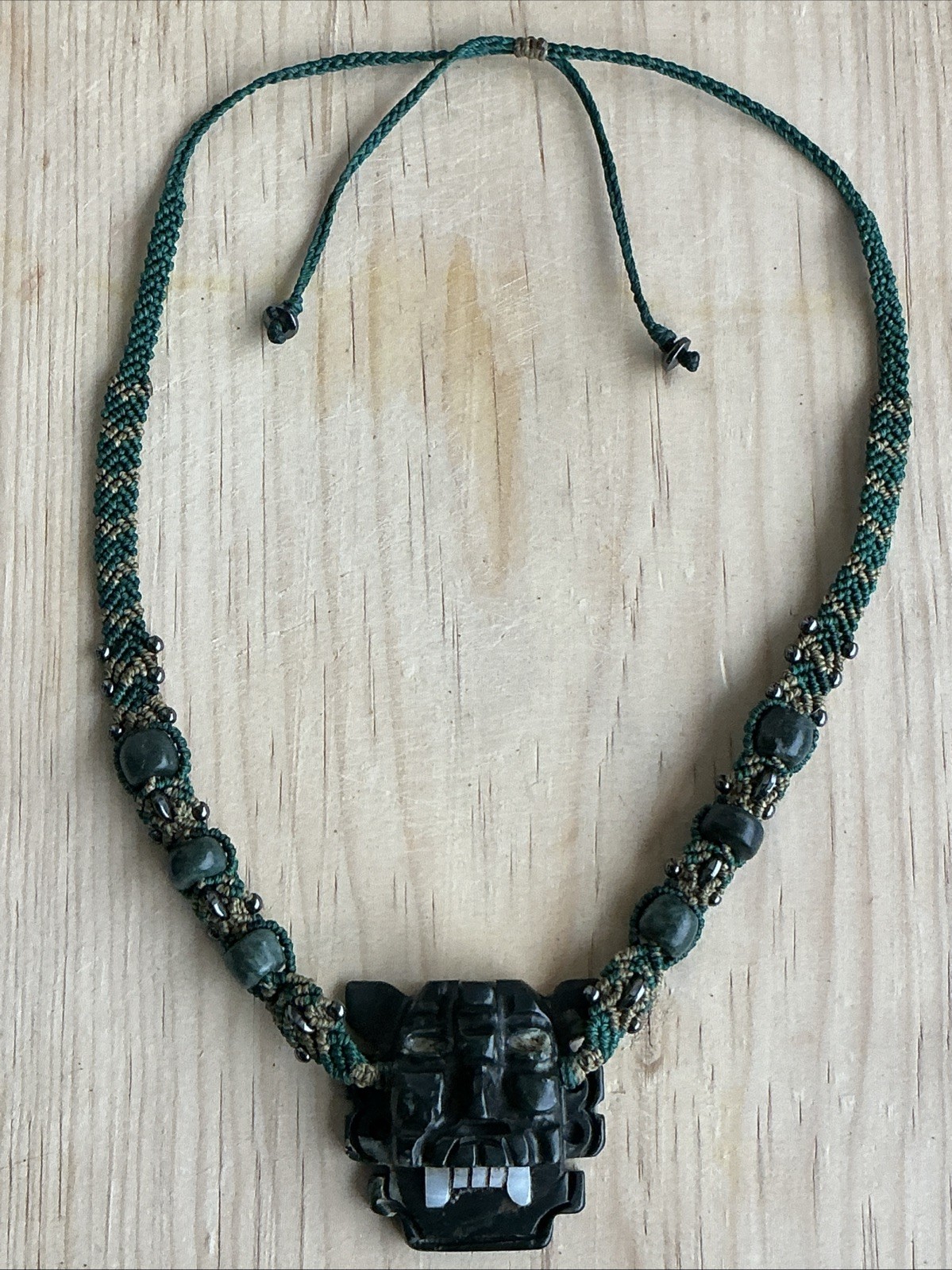 Zapotec Bat God Handcrafted Serpentine Pendant Beaded Macrame Knotting Necklace