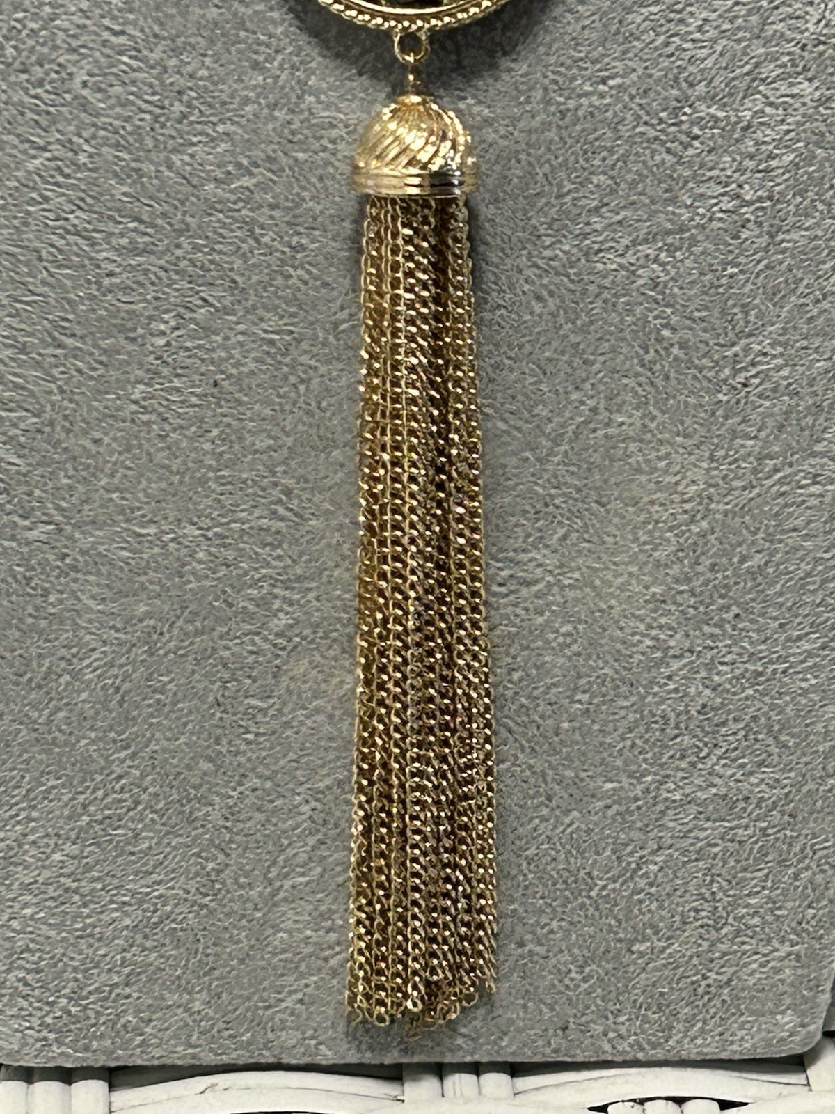 Beaded Necklace Blue/Gold/Clear Beads Ornate Gold-Tone Abolone Pendant & Tassel
