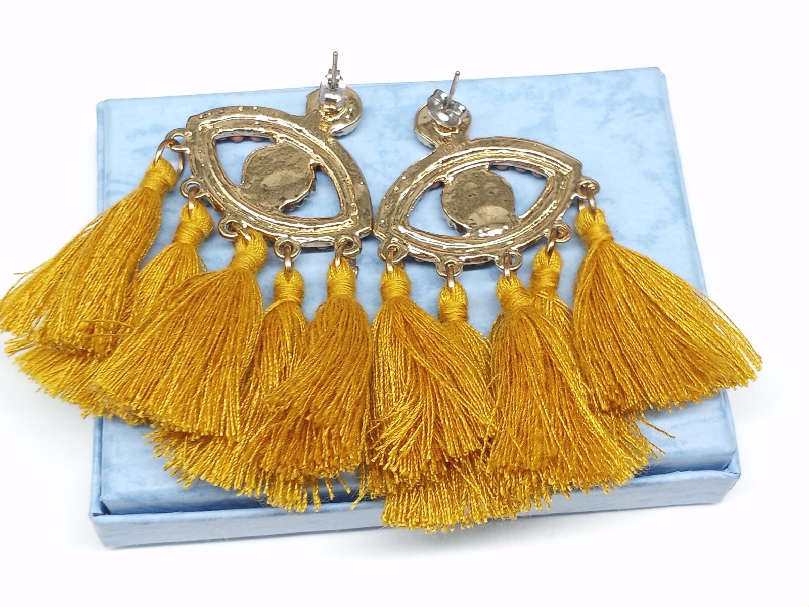 Vintage Tassle Earrings Ethnic Pierced Mustard Yellow Color Eye Shape Design