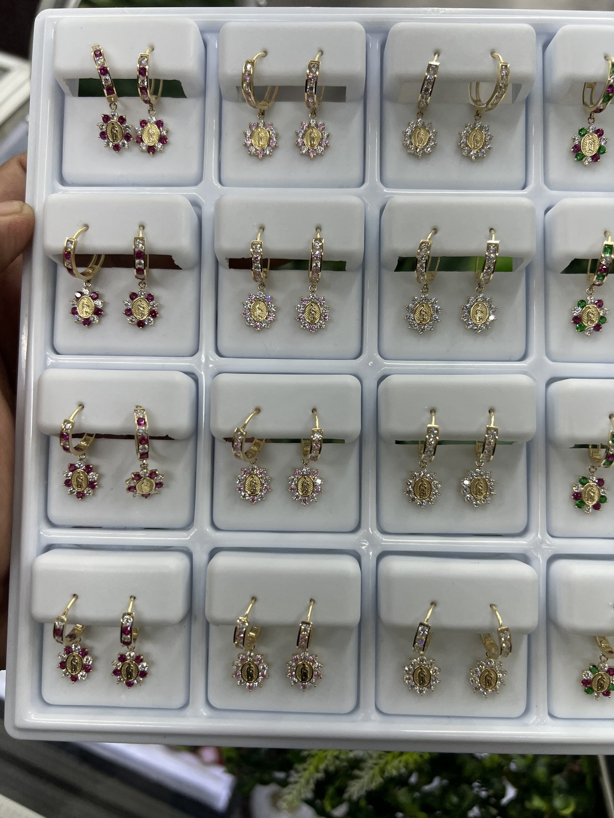 14K Yellow Gold CZ Huggies Virgen de Guadalupe Earrings 24x12mm Elegant Gifts