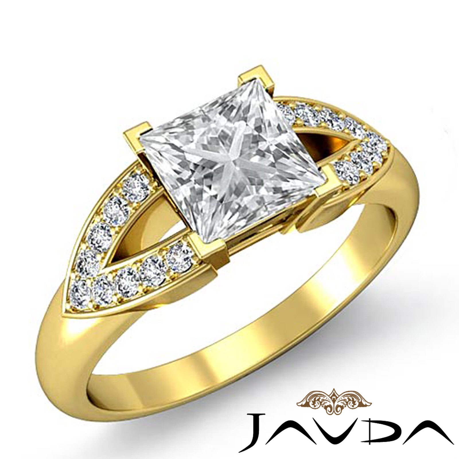 Princess Natural Diamond V Shaped Shank Engagement Pave Ring GIA G SI1 1.25 Ctw