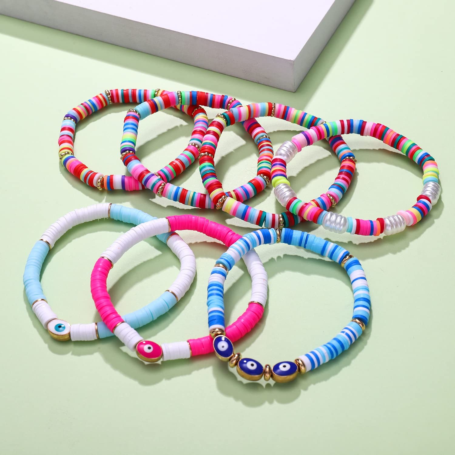 Summer Bracelets Polymer Clay Beads Stretch Bracelets Set Evil Eye Pearl Brac…