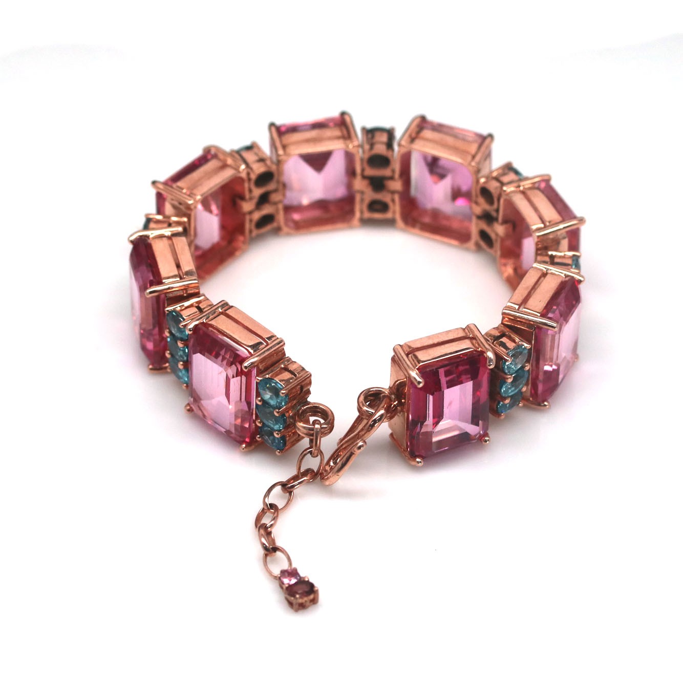 Thai Handmade Pink Mystic Topaz(114.2 ct.) Sea Foam Blue Zircon Bracelet 7.5 In.