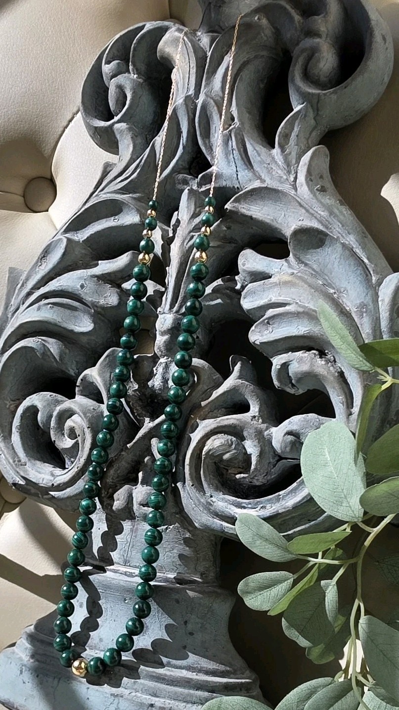 Natural Malachite 14K Solid Gold Beaded Chain Necklace 28″ 59.99g Texas Estate