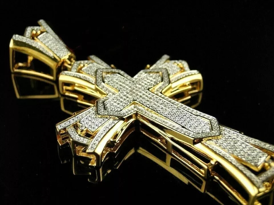 2.50Ct Round Cut Real Moissanite Men’s Cross Pendant 14K Yellow Gold Plated