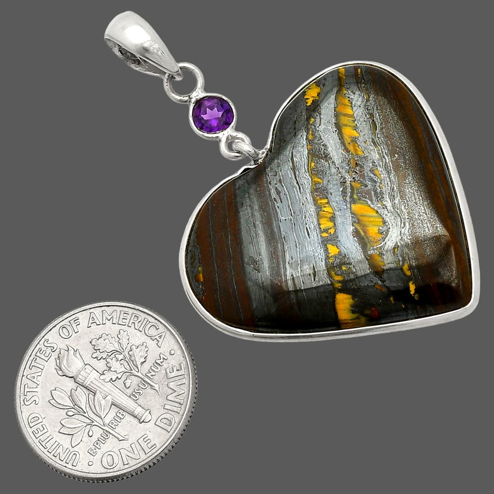 Heart – Iron Tiger Eye & Amethyst 925 Sterling Silver Pendant Jewelry P-1098