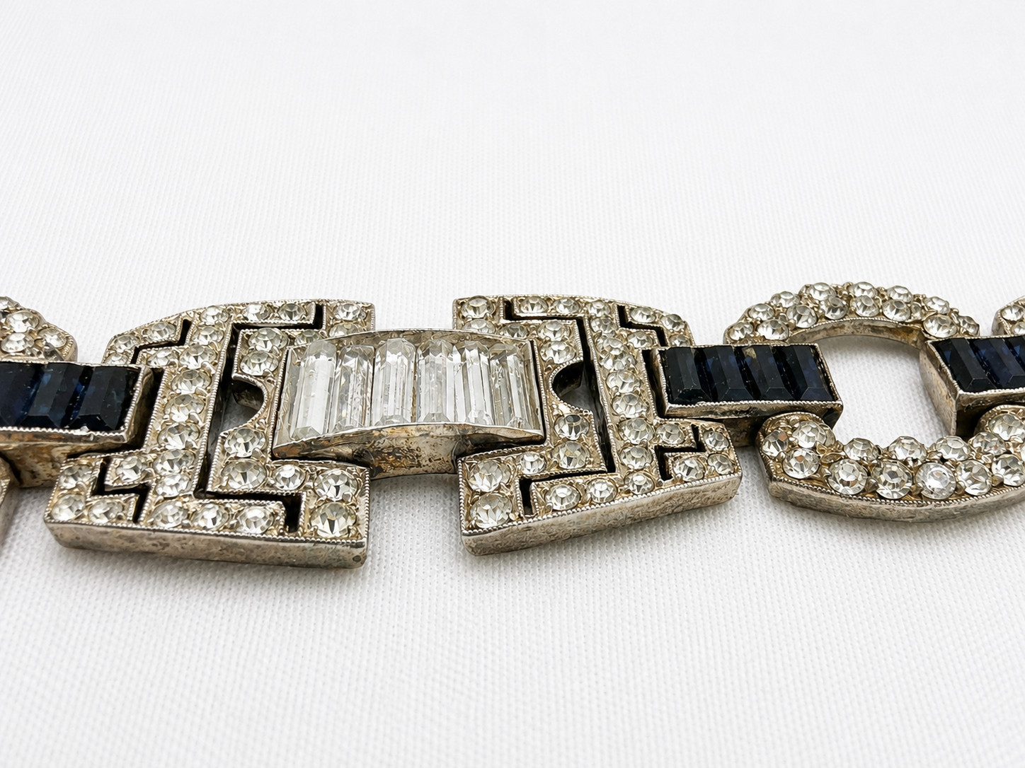Antique Art Deco 935 Silver Bracelet Blue Clear Glass Argentina 7 7/8 in