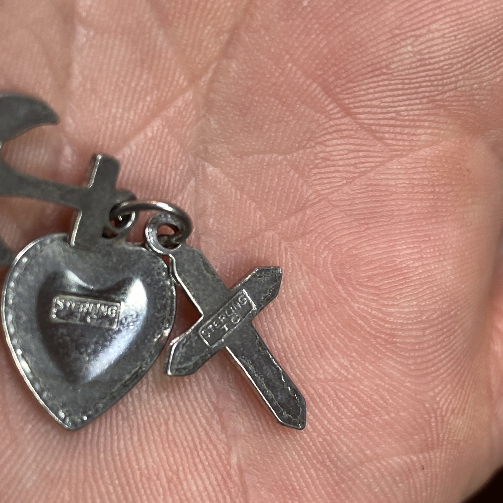 signed TC 925 Sterling Silver Vtg 3 Virtues Anchor Heart Cross Charm Pendant