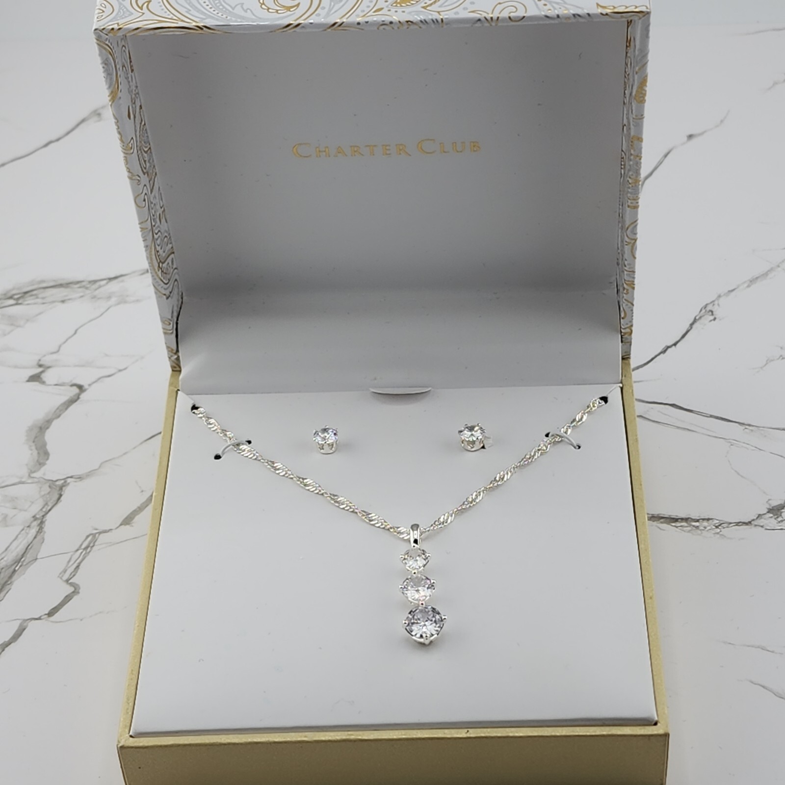 Charter Club Silver-Tone 3 Stone Crystal Pendant Necklace & Stud Earrings 18″