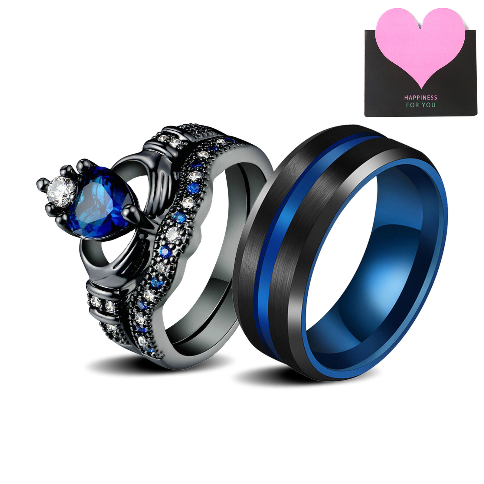 2Pcs His Hers Matching Blue CZ Crown Wedding Rings Stainless Steel Promise Bands