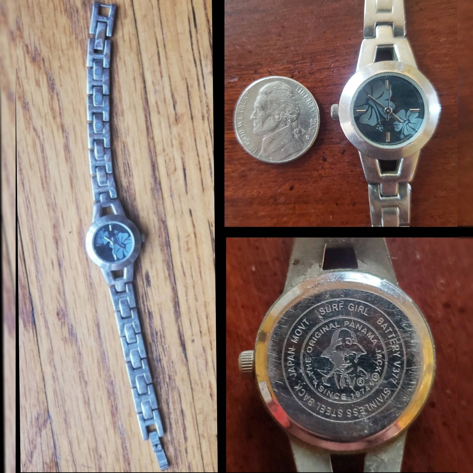 PANAMA JACK ‘Surf Girl’ Watch Vntg – Blue Flowers, Silver Link Band – Not Tested