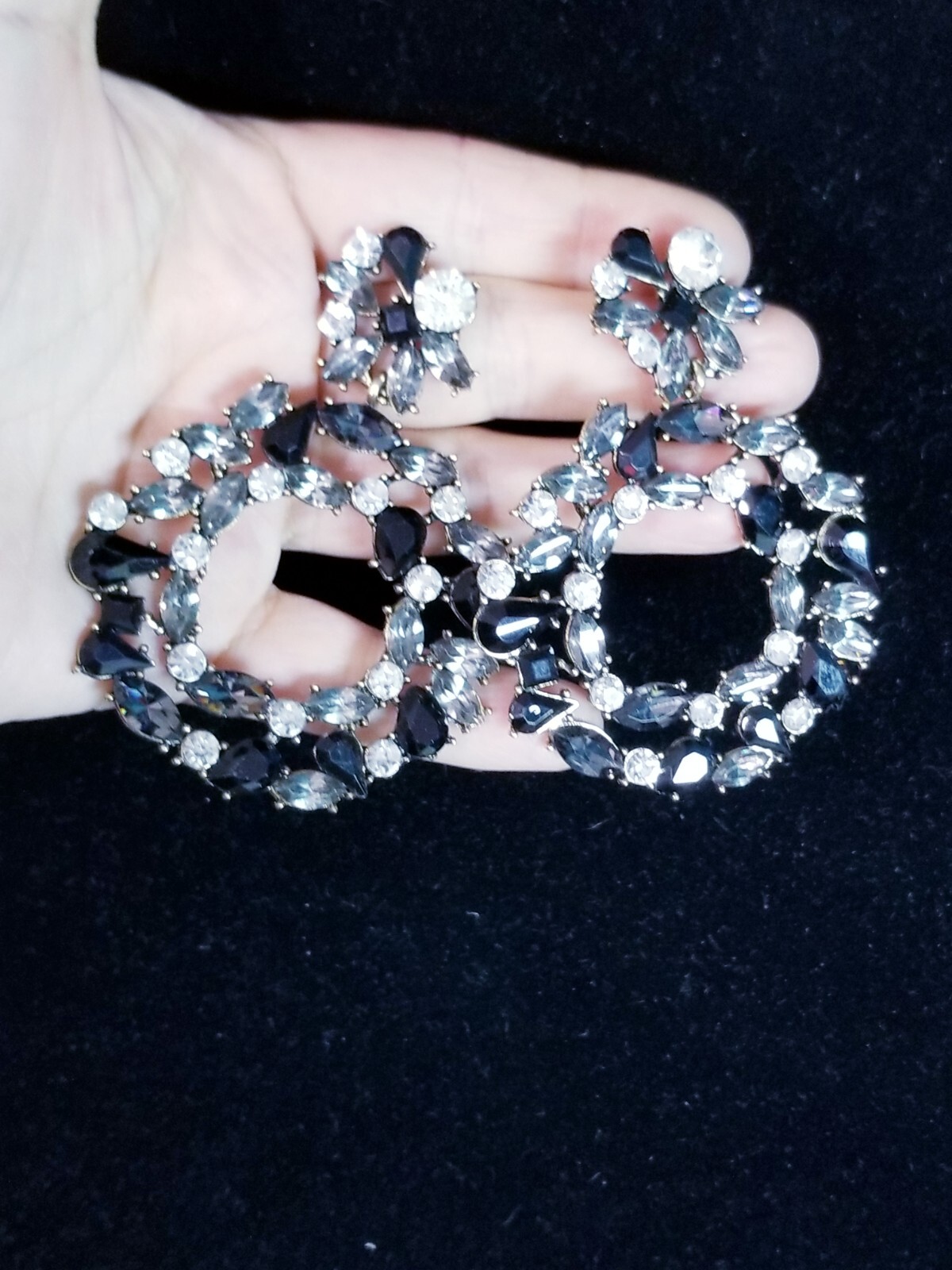 Chandelier Rhinestone Crystal Pageant Bridal Earrings Black Hoops Dangle 2.8 in
