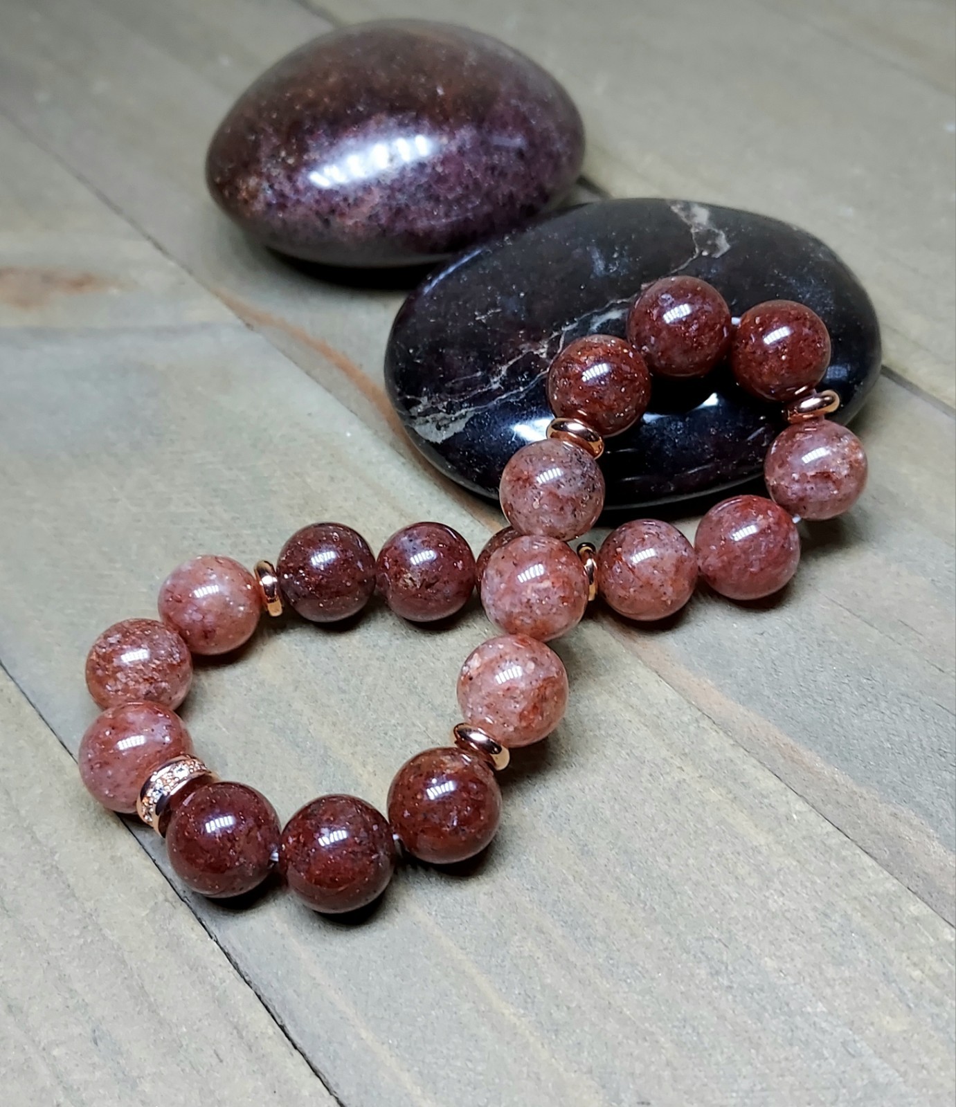 Red Phantom Quartz Gem Bead Bracelet In Rose Gold Stretch One of a Kind 6.75″