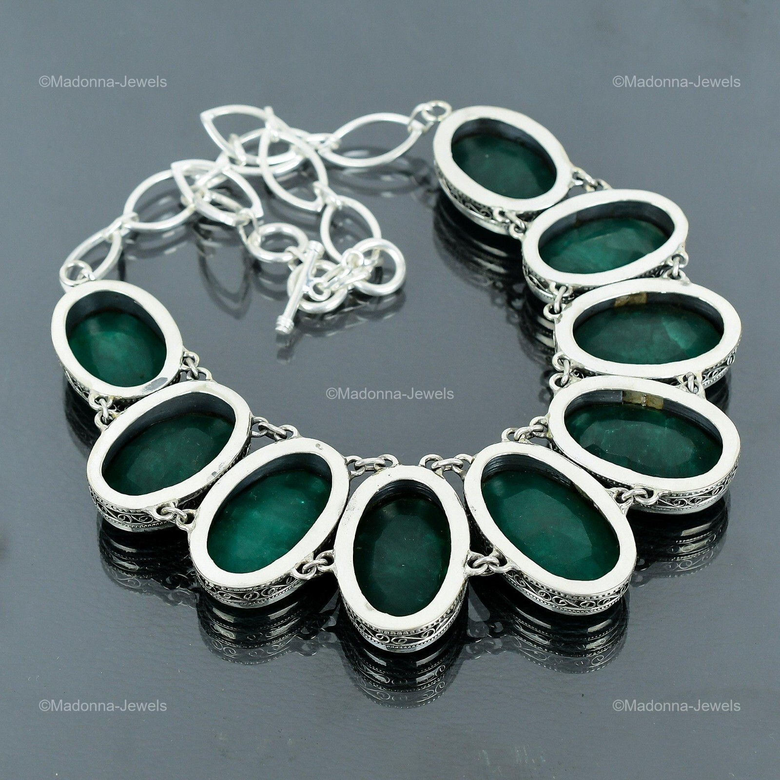 Zambian Emrald Gemstone Bezel Vintage Chain Necklace Jewelry 925 Sterling Silver