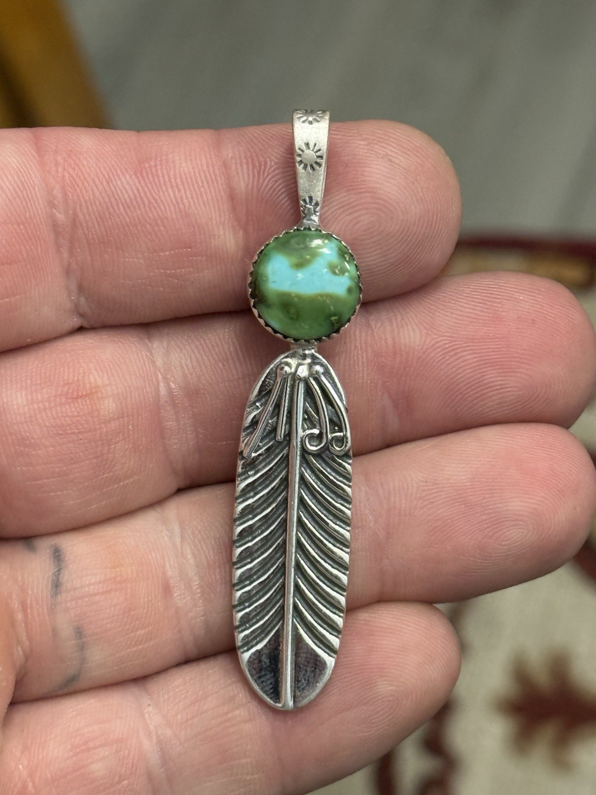 STERLING SILVER SONORAN GOLD TURQUOISE SINGLE STONE FEATHER PENDANT .925