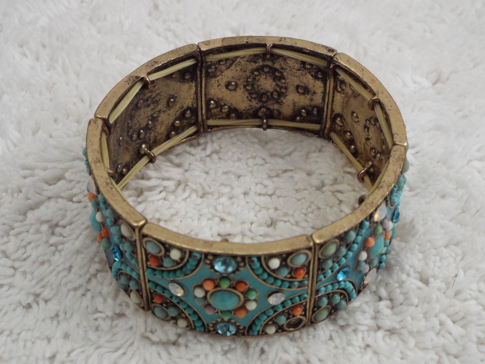 Brasstone Beaded Rhinestone Blue Stretch Bracelet (A50)