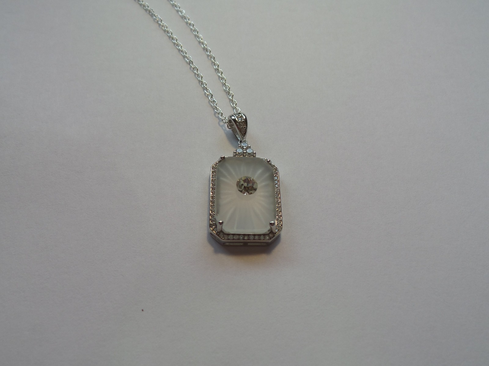 HANDMADE VINTAGE SUNRAY CRYSTAL FROSTED CAMPHOR GLASS NECKLACE STERLING SILVER