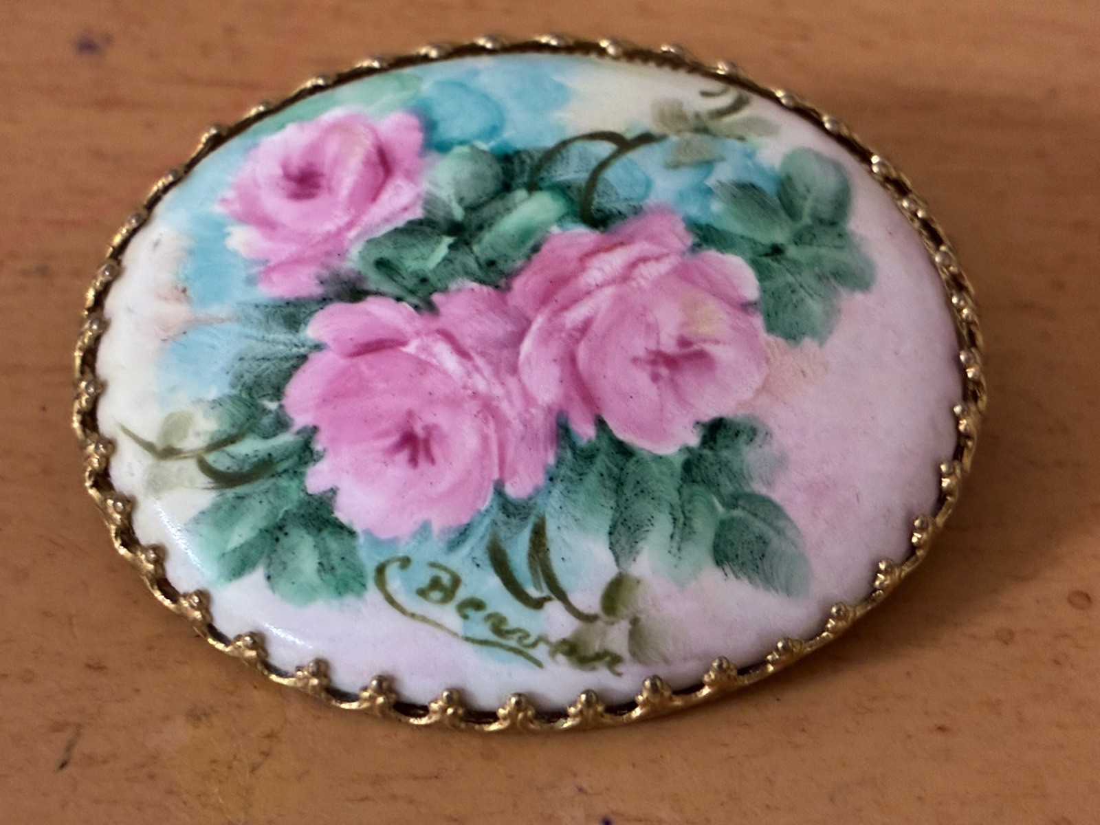 Lovely Antique Hand Painted Rose Pin Porcelain 2″ signed vintage