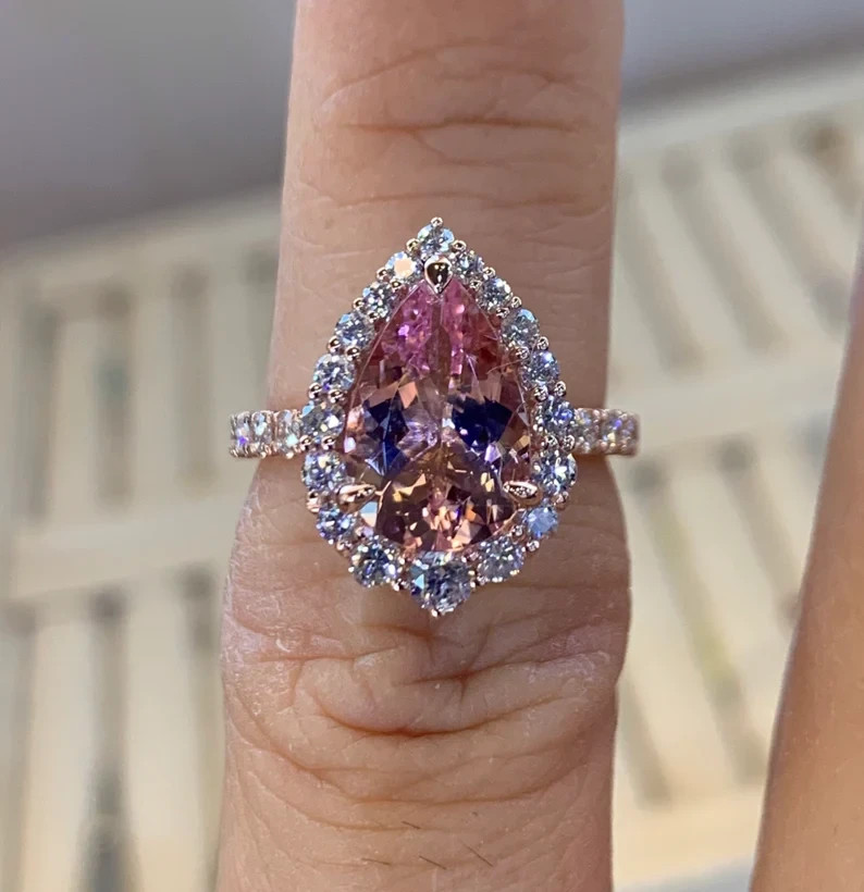3.20Ctw Pear Cut Lab-Created Morganite Engagement Ring 14K Yellow Gold Plated
